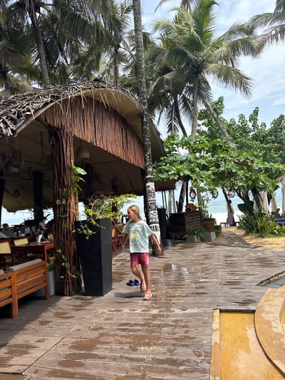 The image captures a scene in Talpe, Sri Lanka, featuring a girl in a light-colored t-shirt and red shorts walking on a wooden boardwalk. The boardwalk appears to be wet. A palm tree and other tropical foliage surround the girl and a thatched-roof structure that looks like a beachside bar or restaurant. Tables and chairs can be seen under the roof of the structure, indicating a dining area. In the background, the ocean is visible.