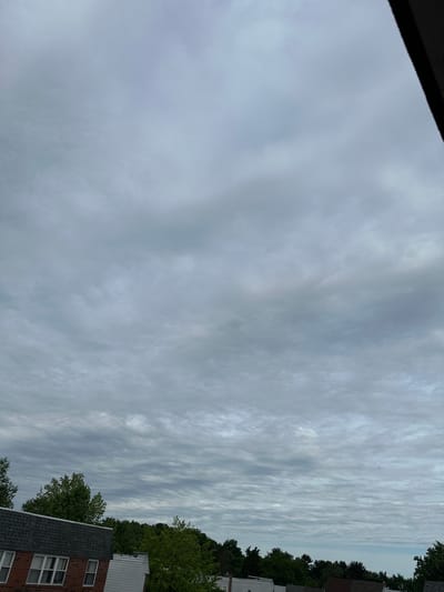 The image shows a cloudy sky over a residential area. In the foreground, the roofs of several brick buildings are visible, along with some trees. The sky is filled with a variety of clouds, ranging from light gray to dark gray, with some appearing to be in wispy formations. The overall impression is that of an overcast day. The scene is likely a suburban area, given the presence of residential buildings and trees. The location is not specified, but the image appears to be taken during daylight hours. There are no people or animals visible in the image. The composition is a landscape, with the sky occupying the majority of the frame.
