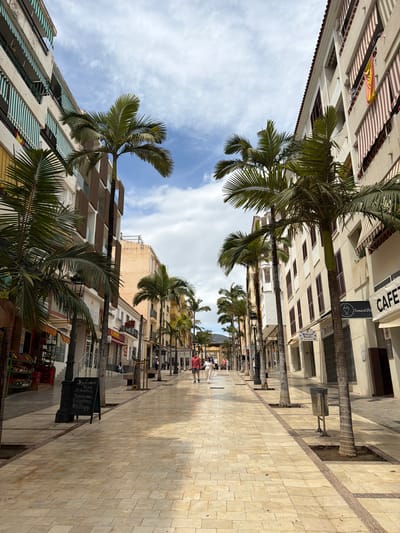 The image shows a street in Arroyo De La Miel-Benalmadena Costa, Spain, lined with palm trees and buildings. The perspective is skewed, looking up at the buildings and sky. The street is paved with light-colored rectangular stones. Palm trees line the street on both sides. Buildings of varying heights and architectural styles are present. Some buildings have awnings and balconies. People are seen walking in the distance. A sign with writing on it is near the lower right corner. The sky is visible between the buildings and palm trees, with blue patches and white clouds.