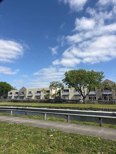 The image displays a bright, sunny daytime scene along a canal in Doral, United States of America. The sky, occupying the upper left portion of the frame, is a clear blue adorned with scattered, wispy white clouds.

In the foreground, on the left side, a paved concrete pathway is visible, bordered by lush green grass dotted with small white flowers. A sturdy silver metal guardrail, composed of two horizontal rails, runs parallel to the pathway, separating it from a narrow body of water.

The canal itself stretches horizontally across the mid-ground of the image. On the opposite bank of the canal, a neatly maintained green area with hedges and trees leads up to a series of multi-story buildings. These structures, likely residential apartments or condominiums, are light-colored (beige/grey) with numerous windows, some featuring dark awnings. Several mature trees, including a large deciduous tree with a dense green canopy and a palm tree, are prominently featured, growing in front of and between the buildings.

The bright sunlight indicates the image was taken during the day, under pleasant weather conditions. No people or visible text are present in the photograph. The setting suggests a tranquil residential or park-like area by a waterway.