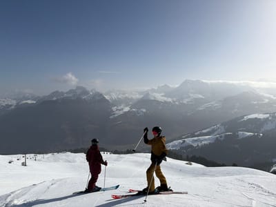 Two individuals, equipped for skiing, are positioned on a groomed, snow-covered mountain slope within the ski area of Zweisimmen, Switzerland. The subject on the left, wearing a dark reddish-brown ski suit, black helmet, and blue skis, stands with their back largely to the viewer, holding ski poles. The subject on the right, clad in a mustard-yellow ski suit, black helmet, and red-tinted goggles, stands on red skis, facing slightly left with their right arm raised, gripping a ski pole. Both cast shadows to their left, indicating a sunlit environment. In the mid-ground to the left, several ski lift towers and cables are visible. The background features extensive snow-capped mountain ranges under a clear, bright blue sky, with some atmospheric haze reducing visibility of the furthest peaks.