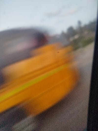 A blurry image displays a yellow object, possibly a vehicle, streaking across the frame. A landscape with green foliage and a grey sky is visible in the background. The image's focus is poor, creating a sense of rapid movement and indistinct forms. A dark vertical line appears on the right edge, potentially part of a frame or object closer to the camera.