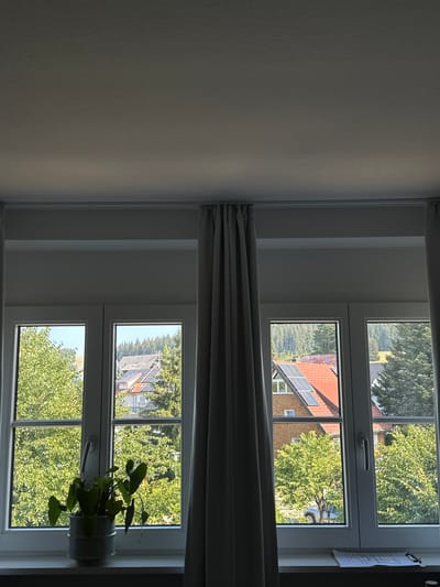 The image shows a view through two windows in what appears to be a residential building. The windows are divided into panes, and a light grey curtain is drawn between them, obscuring the center of the view.
The left window looks out onto lush green trees and a hillside. A potted plant sits on the windowsill in the foreground.
The right window offers a view of houses with red-tiled roofs. One house prominently features solar panels. More trees and greenery are visible in the background, suggesting a semi-rural or suburban environment. The sky is bright, indicating daytime.
The overall impression is a peaceful scene of a residential area, likely in a town or village with abundant nature. The location is identified as St. Märgen, Germany.