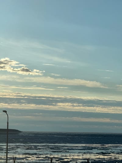 An outdoor, low-angle, vertical shot captures a coastal scene in Pevek, Russia. The sky is a pale blue with scattered, thin white clouds. In the distance, the horizon is a flat line separating the sky from the sea, which is covered in a thick layer of ice broken into many flat, rectangular pieces. A small hill is visible on the left side of the horizon line. In the foreground, a tall, thin lamppost stands on the left side of the image. In front of the lamppost and extending across the bottom of the image is a barbed wire fence. The scene is devoid of any people or animals.