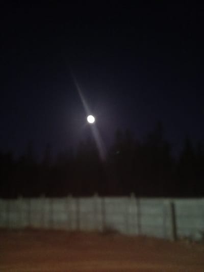 This image depicts a nighttime scene in Santa Juana, Chile. A bright, circular celestial body, identified as the moon, is centrally positioned in the upper half of a dark, clear sky. It exhibits a pronounced lens flare, manifesting as a diagonal light streak extending through the frame. Below the moon, a dense, dark expanse of trees forms a horizontal silhouette across the mid-background, indicating a wooded area. Directly in front of the treeline, a light-toned, continuous structure, consistent with a concrete fence or wall composed of multiple panels, extends horizontally across the scene, appearing slightly out of focus. The immediate foreground presents an out-of-focus, reddish-brown ground surface, indicative of earth or dirt. No individuals, animals, or specific activities are visible within the frame.