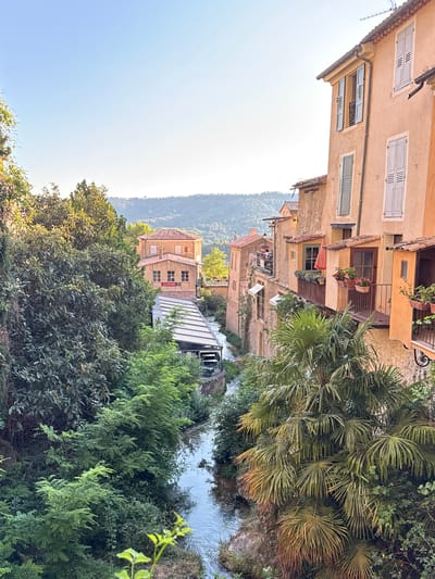 The image captures a view of a village nestled within a valley in Moustiers-Sainte-Marie, France. The scene is dominated by a narrow, flowing river that winds through the heart of the village. Along the riverbanks and cascading down the hillsides, dense green foliage and trees create a lush, verdant atmosphere.
Buildings with characteristic Provençal architecture, featuring terracotta roofs and warm-toned facades, are built into the hillside. Some of these structures have balconies adorned with potted plants, adding to the charm of the setting. One building prominently displays a sign that reads "LA CASCADE," suggesting a restaurant or a similar establishment situated near the waterfall or cascade the village is named after.
The sky above is clear and blue, indicative of a bright, sunny day. The lighting suggests it is either early morning or late afternoon, casting a soft glow on the buildings and the surrounding landscape. The overall impression is one of a tranquil, picturesque village, seemingly untouched by the hustle and bustle of modern life.