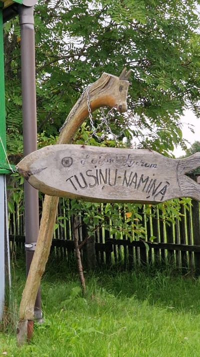 A wooden sign in the shape of a fish hangs from a chain attached to a wooden post. The sign is carved with text and a drawing of an eye. The text appears to be in a foreign language. The sign is located outdoors, with trees and a wooden fence in the background. The ground is covered in grass. The overall impression is of a rural or semi-rural setting. It is located in Priekule, Latvia.