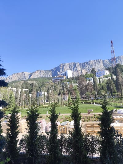 The image presents a landscape dominated by a clear, blue sky above a mountainous backdrop. A tall, red and white communication tower stands atop the mountains. Below the mountains, there are buildings and structures of varying sizes, interspersed with numerous trees and greenery. In the foreground, there are rows of dense shrubs and small trees. Stacks of bagged materials and wooden structures are visible near the bottom of the frame, implying some construction or landscaping activity. A wheelbarrow is partially visible on a lawn. The location is indeterminate.