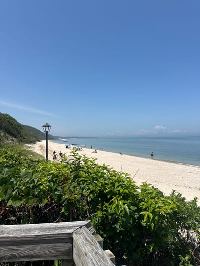 The image shows a sunny day at a beach, likely in the Town of Riverhead, United States of America. In the foreground, a wooden railing and lush green foliage obscure the lower part of the scene. Beyond the vegetation, a paved walkway with a lamppost runs parallel to a sandy and pebbly beach. Several people are visible on the beach, some walking, others sitting or standing. A few beach umbrellas and chairs are scattered across the sand, suggesting recreational activity. The ocean stretches out to the horizon, with calm, blue water. In the distance, a tree-covered hillside forms the backdrop to the beach. The sky is clear and a bright blue, with a few wispy clouds.