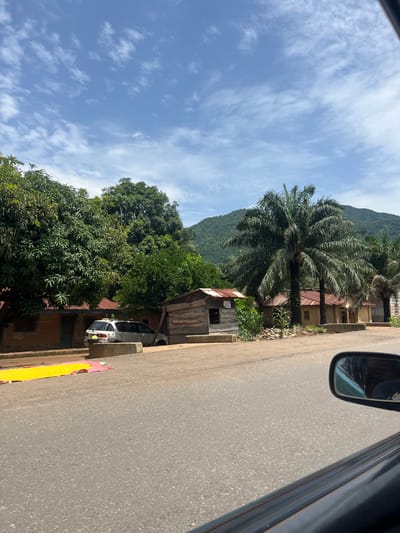 This is a photograph taken from inside a vehicle looking out at a street scene in Goje, Nigeria. The sky is blue with scattered white clouds. On the left side of the road are several buildings with reddish-brown walls and corrugated metal roofs. A white van is parked in front of one of the buildings. To the right of the van is a small, wooden shack with a corrugated metal roof. In front of the buildings, a bright yellow object, possibly some kind of mat or fabric, is laid out on the ground.

Further down the street, more buildings with similar roofs are visible. Tall palm trees are scattered throughout the scene, with a large, lush green tree dominating the left side of the frame and two prominent palm trees in the center. In the background, a steep, verdant mountain rises against the sky. The road in the foreground is paved and appears to be asphalt. The interior of the vehicle, including a side mirror and part of the door frame, is visible in the bottom right corner of the image.
