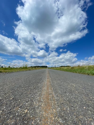 A low-angle, wide-angle shot captures a two-lane asphalt road receding into the distance. The road is marked with a faded, rust-colored line down the center. To the left and right of the road, tall, dry grass and weeds border the asphalt. In the background, a line of trees and rolling hills mark the horizon, beneath a vast expanse of blue sky filled with fluffy, white cumulus clouds. A single, slender radio tower is visible in the distance on the right side of the frame. The scene appears to be located in the rural area of Schwarzenborn, Germany, given the characteristic landscape and the presence of a radio tower, which is a common feature in the area. There are no people or animals visible in the image.