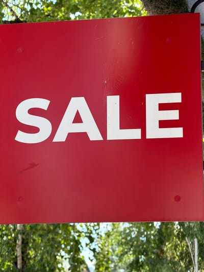 A close-up, eye-level, outdoor shot shows a red rectangular sign with the word "SALE" in large, white, sans-serif capital letters. The sign is slightly weathered, with some faint scratches and a small, dark smudge on the lower left quadrant. A few small, circular screw holes are visible, two on the top edge and two on the bottom edge. A faint spiderweb is visible on the upper right portion of the sign. The background is blurred, showing dappled green foliage and branches, indicative of trees. The lighting suggests it is daytime. The sign is not located in the city of Ishimbay, Russia.