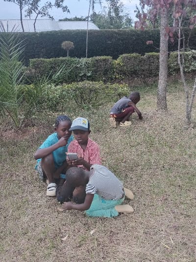 Four young children are gathered on a grassy area, possibly a park or yard. One child is sitting alone in the background, further away from the others, with their head down. In the foreground, three children are closely huddled together, seeming to be looking at a mobile phone held by one of them. The scene is outdoors, featuring green grass, trees, bushes, and a partial view of a building.