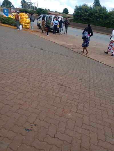 The scene depicts an outdoor roadside environment in Gitaru ward, Kenya. The immediate foreground is paved with reddish-brown interlocking bricks. To the right, a dirt shoulder parallels a multi-lane paved road, separated by a concrete barrier from a tree-lined embankment under a partially cloudy sky.
On the left, a blue directional sign with a white arrow pointing left displays the text "MANG'U" above a low green hedge. Adjacent to the hedge, a substantial stack of yellow plastic jerrycans, consistent with 20-liter capacity, are arranged in approximately five horizontal rows. A white passenger van, adorned with multicolored graphics, is parked on the dirt shoulder.
Eight individuals are present. A man in a light brown jacket and cap stands near the stacked jerrycans, facing the van group. Another man in a grey hoodie and backpack stands beside him. A group of five men are clustered around the driver's side of the white van; one wears a blue collared shirt, another a black jacket, and a third a camouflage-patterned jacket. A woman in a brown dress is also part of this group, standing near the van. A woman wearing a black top, a blue patterned skirt, and carrying a blue patterned bag is walking barefoot from right to left across the dirt shoulder, moving away from the van. Another woman in a white and red patterned dress is partially visible on the far right, walking in the same direction. The individuals near the van appear to be engaged in conversation.