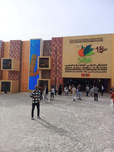 The image depicts an outdoor scene at the International Agricultural Show (SIAM) in Al Machouar – Stinia, Meknes, Morocco. A large, decorative façade, likely an exhibition entrance, dominates the background. It features vertical panels with stylized golden wheat stalks, alongside large digital screens, one displaying a vibrant blue water effect. Wooden box-like structures are integrated into the façade, some containing figurines of big cats, possibly cheetahs.
Numerous individuals are present, suggesting a public event. In the foreground, a man with a beard, wearing a black and white checkered shirt, black pants, sneakers, and a baseball cap, stands facing the camera, holding a white cup. Other attendees in diverse attire are scattered across the cobblestone ground, walking and observing. A decorative black lamppost is visible on the right.
Prominent signage on the façade identifies the event as the "Salon International de l'Agriculture au Maroc" (International Agricultural Show in Morocco), also known as "SIAM," and marks it as the "18e édition" (18th edition). The dates "MEKNES DU 20 AU 28 AVRIL 2026" are clearly displayed. Further text, in Arabic and French, states, "SOUS LE HAUT PATRONAGE DE SA MAJESTÉ LE ROI MOHAMMED VI QUE DIEU L'ASSISTE" (Under the High Patronage of His Majesty King Mohammed VI, may God assist him). Berber script is also visible. Flags of Morocco and Portugal are mounted above the main entrance.
The scene unfolds during the daytime under a bright, possibly overcast sky, providing soft, diffused lighting. The overall mood appears casual, with visitors exploring the exhibition grounds.