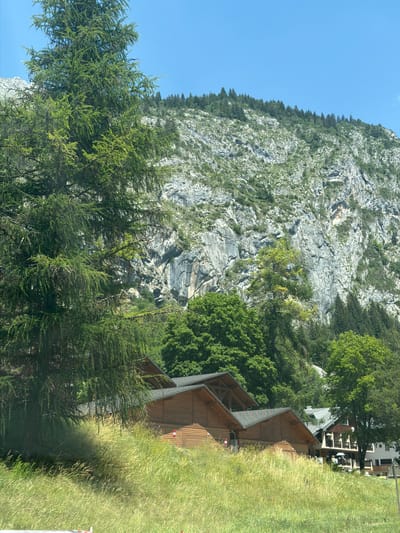 The image depicts a scenic mountain landscape with a clear blue sky. The dominant feature is a steep, rocky mountain face covered in patches of green vegetation and trees, particularly along its lower edges. In the foreground and midground, lush green trees, including coniferous varieties, are visible.
On the right side of the image, there is a rustic wooden building with a sloped roof, appearing to be a lodge or cabin. Adjacent to the building is a grassy meadow, bathed in sunlight, suggesting a daytime setting. Further back, partially obscured by trees, are more structures that resemble houses or other buildings, with white walls and dark roofs. The overall setting appears to be a mountainous or alpine region, likely a rural or recreational area. The time of day is clearly daytime, and the weather seems clear and sunny. There is no visible text in the image.