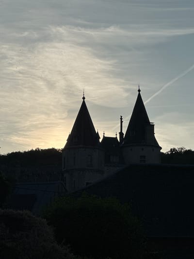 The image depicts a silhouette of a medieval castle at dusk, with its distinctive conical towers against a cloudy sky. The castle appears to be in the vicinity of Durbuy, Belgium, a city known for its historic architecture and picturesque landscapes. The foreground is dominated by dark foliage and rooftops, creating a stark contrast with the illuminated sky behind the castle. The sky exhibits wispy clouds and a faint contrail from an aircraft, suggesting a tranquil evening scene. There are no people or animals visible in the image. The overall mood is serene and slightly mysterious, hinting at the timeless quality of the ancient structure.