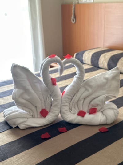 The image shows two white towel swans arranged on a bed. The swans are made by folding white towels and are decorated with red rose petals scattered around them. The bed has striped bedding in beige and dark blue. In the background, a wooden headboard and a wall are visible. The scene appears to be in a hotel room or a similar accommodation, likely in a coastal town like Lloret de Mar, Spain, given the context. The lighting suggests it might be daytime, possibly in the morning or afternoon. There are no people visible in the image. The arrangement of the swans and petals implies a romantic or special occasion, such as a honeymoon or anniversary celebration.
