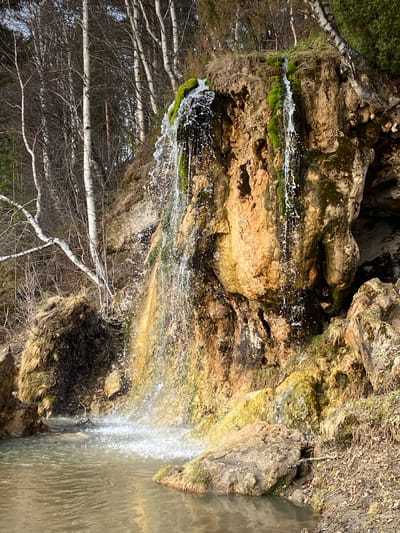 The image depicts a small waterfall in a natural setting. Water cascades over mossy, rocky formations into a body of water below. Birch trees with bare branches are visible in the foreground. The scene is sunlit. The location is Pepelyshi, Russia.