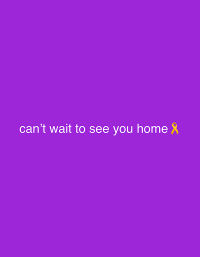 The image displays a solid purple background. Centered horizontally and vertically is white sans-serif text that reads "can't wait to see you home". Immediately following the word "home" is a yellow ribbon emoji (🎗️). The scene is a digital graphic; therefore, no physical location within Plainsboro Township, United States, or any other specific geographical area, is depicted or discernible from the image content.