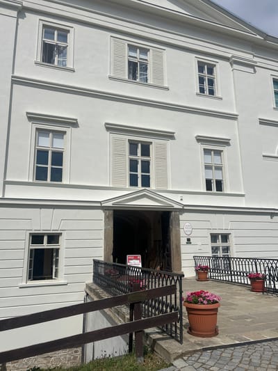 The image shows the entrance to the Rosice Chateau in Rosice, Czechia. The chateau is a large, white building with several windows. The entrance is an archway with a black metal railing leading up to it. There are several potted plants with pink and red flowers on either side of the entrance. A sign with red and white text is visible near the entrance. The building appears to be a historic site or museum.