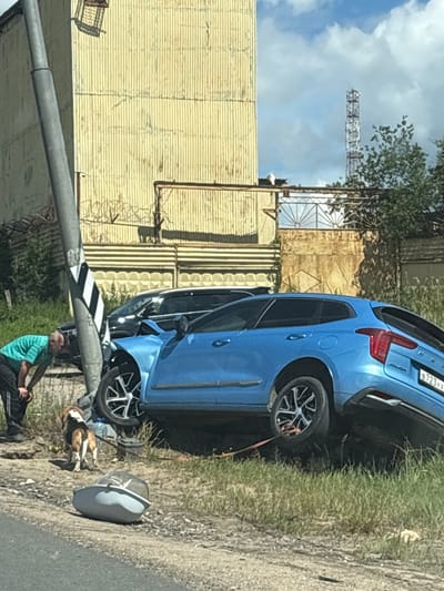 A blue station wagon has crashed into a utility pole on the side of a road. The car's front end is severely damaged, and it is tilted on its side. A man in a green t-shirt and dark pants is leaning against the utility pole, looking at the car. A beagle is standing next to the man, on a leash. A light blue bucket lies on the ground near the car. In the background, there is a yellow corrugated metal building and a tall cell tower. The scene appears to be in an industrial area. The license plate of the car reads B723YX. The location is identified as Novoye, Russia.