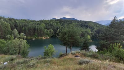 The image shows a tranquil natural landscape at the city of Dobrotino, Bulgaria, featuring a serene lake nestled amidst lush green forests and rolling hills under a cloudy sky. The foreground is a grassy slope dotted with low-lying shrubs and wildflowers. Two pine trees stand prominently on the right side of the slope, overlooking the calm, dark green water of the lake. The lake is surrounded by a dense forest composed of various types of trees, with pine trees forming a significant portion of the canopy. In the background, distant mountains fade into the hazy sky, contributing to the depth and vastness of the scene. The overall atmosphere is peaceful and untouched, indicative of a remote natural setting.