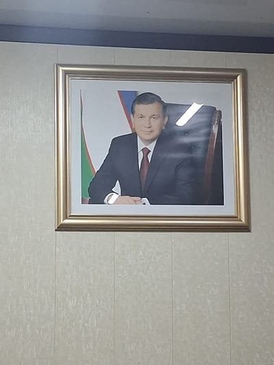 This media file shows a framed portrait of a man. The man is wearing a dark suit, a white dress shirt, and a red tie. He is looking directly at the camera with a serious expression. The portrait is hanging on a wall with a textured, light-colored wallpaper. The frame of the portrait is metallic gold. The background behind the man appears to be a flag, featuring blue, white, and green stripes with red crescent moons and stars. The overall lighting suggests an indoor setting, possibly an office or official building. The image is oriented vertically, and there is a bright reflection on the glass of the frame, obscuring a portion of the background. The provided location context is Kahramon, Uzbekistan, suggesting the portrait is of a prominent figure, likely a political leader or official, from that region.