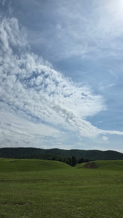 The image depicts a verdant, rolling landscape under a sky filled with scattered clouds. In the foreground, a manicured green field stretches towards rolling hills. The middle ground features more undulating terrain covered in lush grass, with a visible track or pathway carved into one of the hillsides, indicating human activity. The background is dominated by a dense forest covering a range of hills, receding into the distance. The sky above is a pale blue, with large, wispy white clouds forming interesting patterns, suggesting a bright, possibly breezy day. The scene is devoid of people or any man-made structures, emphasizing the natural beauty of the environment. The location is identified as Tash-Asty, Russia, a place known for its scenic natural beauty.