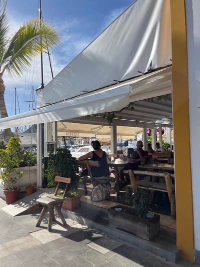 The image shows an outdoor dining area of a restaurant with a white canopy covering the patio. The patio is made of grey tiles and has a wooden bench and a couple of wooden stools. There are three people seated at a wooden table. Two men are facing each other while a woman sits facing away from them. The men are wearing short-sleeved shirts and the woman is wearing a black tank top. The table is made of wood and has a white tablecloth with a red, white, and blue design. There are plants in pots and a wooden planter on the patio. The restaurant is located near a marina, with boats and water visible in the background. The location is near the harbor in Puerto de Mogán, Gran Canaria, Spain.