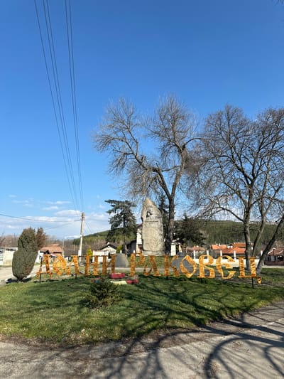 The image displays a static outdoor scene in Dolni Rakovets, Bulgaria, under a clear blue sky with minimal distant clouds. In the foreground, a prominent freestanding sign spells "ДОЛНИ РАКОВЕЦ" in Cyrillic, using large, individually mounted, light-colored letters with a rustic, textured finish. This sign is situated on a patch of green grass. A small evergreen shrub is planted directly in front of the sign, slightly off-center to the left, and a taller, columnar evergreen shrub stands to the far left. Directly beneath the left portion of the sign, several tires painted red, green, and blue are arranged.
In the midground, positioned behind the sign and slightly to the right, a large, irregularly shaped stone monument features a carved relief on its front face. Surrounding the monument are several leafless deciduous trees, casting distinct shadows onto the grass and paved foreground, indicative of direct sunlight. A utility pole with four parallel overhead wires ascends diagonally from the left side of the frame into the sky. Behind the trees and monument, multiple residential or village buildings with orange-tiled roofs are visible. The background consists of a tree-covered hill or mountain range under the bright sky. No people are present in the scene.