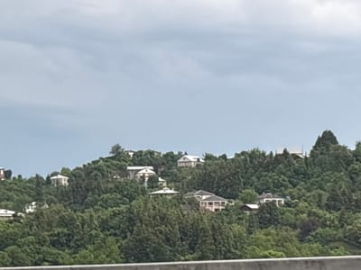The image depicts a hillside densely covered with lush green trees and foliage, interspersed with several houses. The houses appear to be of varying sizes and architectural styles, with some featuring white walls and dark roofs, while others are lighter in color. They are situated at different elevations on the slope, suggesting a residential area built into the natural landscape. The sky above is overcast with a pale gray hue, indicating a cloudy day. The foreground shows a blurred horizontal element, possibly a railing or the edge of a road, suggesting the photo was taken from an elevated vantage point overlooking the scene. The overall impression is of a tranquil, natural setting with human habitation integrated into the environment. This scene is consistent with residential areas found in hilly or mountainous regions like Kveda Kvirike, Georgia, where houses are often built on slopes to take advantage of the terrain and views.