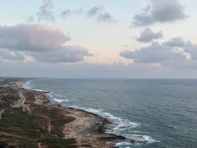 The image captures a coastal view in the Mate Asher Regional Council, Israel, likely during twilight or overcast conditions. The foreground shows a rugged, rocky coastline with sparse vegetation and a dirt path winding through it. A paved road with several parked cars runs parallel to the coast further inland, bordered by more green brush and sandy areas. Several small, light-colored structures are visible along the roadside and on the elevated terrain.
The middle ground is dominated by the choppy, dark blue-grey waters of the Mediterranean Sea, with white waves crashing against the rocks and extending onto a sandy beach in the distance. A thin line of buildings and infrastructure marks the distant coastline, suggesting an urban or semi-urban area.
The sky above is a soft gradient of pale blue and pinkish hues, filled with a mix of fluffy, grey-toned clouds and some lighter, wispy formations. The overall atmosphere is muted and somewhat melancholic, characteristic of a cloudy evening or a stormy day. No people are clearly identifiable in the scene, though small figures may be present on the beach or paths, too indistinct to discern. There are a few distant boat-like objects visible on the horizon of the sea.