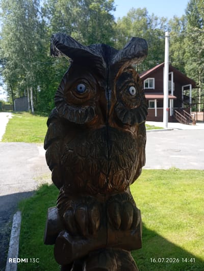 A carved wooden owl statue stands prominently in the foreground of a park-like setting. The owl, made of dark wood with carved feather details and blue glass eyes, appears to be mounted on a wooden post. Behind the statue, a brown wooden house with a gabled roof and white-trimmed windows is visible, along with stairs leading to an upper level. Green grass covers the ground around the statue and the house. Trees with lush green foliage form the backdrop, and a clear blue sky is overhead. A paved path runs along the left side of the image, leading towards the house. The scene is bathed in sunlight, casting shadows on the grass. The location is identified as Baykalsk, Russia, with a timestamp of 16.07.2026 14:41 and the device "REDMI 13C" visible in the bottom left corner. There are no people or animals present in the image.