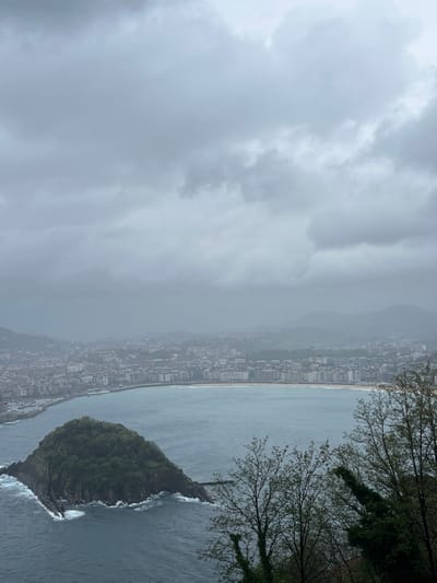 The image depicts a view from a high vantage point overlooking the city of Donostia-San Sebastian, Spain (latitude: 43.322, longitude: -2.009). The scene is dominated by a gray sky with a thick layer of clouds. In the foreground, a small, green-covered island emerges from the blue-grey water, surrounded by white-capped waves.  A sliver of a sandy beach is visible along the edge of the water, behind the island, where the city of Donostia-San Sebastian lies. The city is shrouded in a hazy mist, and its buildings are visible in the distance. Two bare-branched trees in the foreground obscure parts of the city and the bay. The image suggests a possibly overcast and rainy day.
