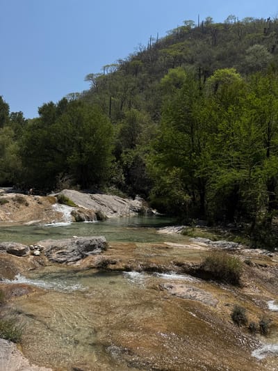 The image depicts a waterfall and river in a natural setting, possibly located near San Miguel Atlapulco, Mexico. A steep, tree-covered hillside rises on the left, transitioning to a rocky cliff and water cascading over the falls on the right. The river flows in the foreground, with visible rocks and clear water. A few people can be seen at the base of the falls.