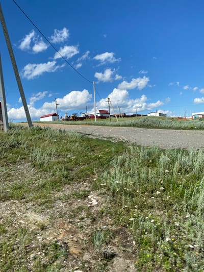 The image depicts a rural scene with a dirt road leading towards a collection of buildings. The sky is bright blue with scattered white clouds. The road is flanked by tall, green grass and wildflowers. In the distance, several buildings with red roofs are visible, along with what appears to be construction equipment, including a yellow excavator. Power lines and utility poles are also present in the scene. The overall impression is one of a sunny day in a semi-arid, rural environment, likely in or around Yuldybayevo, Russia, given the provided context. There are no people visible in the image.