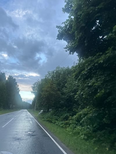 The image captures a somewhat overcast sky over a wet asphalt road lined with dense green trees. The perspective is from a vehicle, looking forward and slightly to the left, with the sky dominating the upper left quadrant and the road extending into the distance on the right. The trees form a canopy over parts of the road, with sunlight intermittently breaking through the clouds, creating a dappled effect. The road surface appears damp and reflective, suggesting recent rain.
In the distance, the road curves slightly, and a dense line of trees borders the right side. The sky is a mix of dark grey clouds and brighter patches, hinting at the possibility of clearing weather or a recent downpour. Power lines are visible stretching across the sky in the middle distance. The overall mood is serene, perhaps a bit melancholic due to the overcast sky and wet road, but also peaceful, evoking the feeling of a quiet drive through a natural landscape. The time of day appears to be late afternoon or early evening, given the soft light and the angle of the sun. There is no visible text in the image.