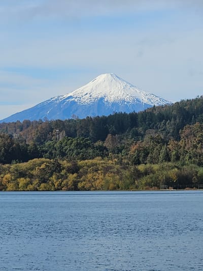 The image depicts a view of Villarrica Volcano in Chile, likely captured from or near the city of Villarrica. The snow-capped volcano dominates the left side of the frame, transitioning into blue shades. A dense forest covers the slopes, running into the waters on the right side of the image. The environment is a combination of a volcanic landscape, forest, and lake.