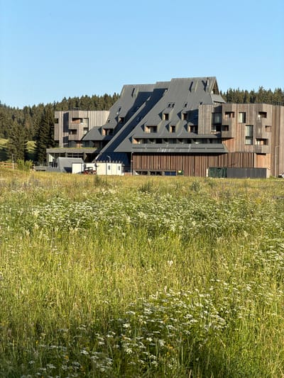 A multi-story, modern building with a dark, angular roofline made of metal and wooden paneling stands behind a field of tall green grass and white wildflowers. The building has numerous windows of varying sizes and shapes, some recessed and some protruding. A dense forest of evergreen trees forms the backdrop of the scene, with a clear blue sky above. In front of the building, near the center of the image, are two small white portable structures and a red vehicle. A tall, thin lamp post is visible on the far right side of the building. The overall impression is one of a contemporary structure integrated into a natural, rural setting. The location is the city of Žunovnica, Bosnia and Herzegovina.