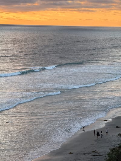 This is a high-angle, full-shot photograph taken at dusk on a sandy beach in Encinitas, California. The scene is dominated by the ocean, which occupies the majority of the frame and exhibits gentle, white-capped waves rolling towards the shore. The sky above the ocean is a vibrant gradient of orange and yellow, characteristic of a sunset, with scattered, muted clouds.
On the sandy beach, a small group of people and a dog are visible. Two individuals stand together on the wet sand near the water's edge, with one appearing to be interacting with a dog that is running or playing. Further up the beach, three other individuals are walking or standing. The beach is relatively clean, with a few scattered pieces of driftwood and seaweed. The lighting suggests the late afternoon or early evening, with soft shadows cast on the sand. The overall mood is tranquil and serene, capturing a moment of everyday life by the coast.