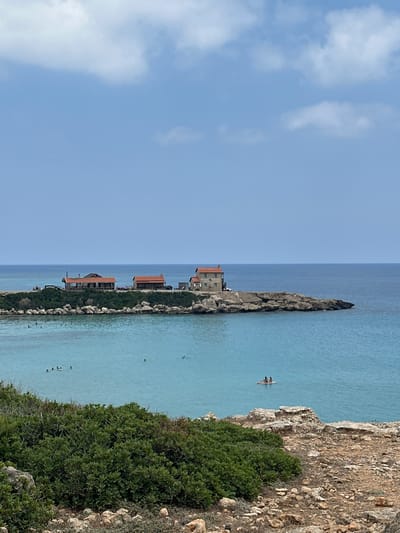 This is a landscape photograph taken from a rocky, vegetated overlook, looking out towards a calm, turquoise sea and a small peninsula. On the peninsula, there are several buildings with red tiled roofs, appearing to be houses or possibly small businesses. Some of these buildings are clustered together, while one is more isolated on the rocky edge. The sea is clear and appears shallow near the shore, with several people visible swimming or wading. Further out in the water, two individuals are on a paddleboard. The sky is a pale blue with scattered white clouds. The foreground is dominated by rough, brown rocks and dense green shrubbery. The scene suggests a coastal area, likely a beach or bay, possibly in a Mediterranean climate given the architecture and vegetation. The overall impression is one of a serene, sunny day at the coast.