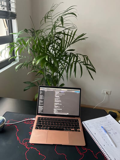 The image displays an indoor workstation, likely a home office or study area, set within the Nam Natural Heritage Area Trang, Vietnam. The scene is dominated by a large, vibrant green houseplant, possibly a palm or bamboo, positioned prominently to the left and center, partially obscuring a window or door frame.
On a dark desk surface, a rose gold/gold MacBook Air laptop is open, its screen displaying a dark-themed interface with what appears to be code or data visualizations, suggesting a coding or analytical task. A white charging cable extends from the laptop to a white power outlet on a light-colored wall. A black desk mat featuring a red outline of a world map underlies the laptop. To the right of the laptop, a spiral-bound notebook lies open, containing handwritten notes in blue ink. A blue ballpoint pen rests on the notebook. A small, blue and white patterned cup or bowl is partially visible in the bottom right corner.
The handwritten text in the notebook, primarily in a Cyrillic script, includes phrases such as "go 0 16:00", "25%", "менее обусу", "полный цепи" (full chain), "почист" (clean up), and "склад" (warehouse), along with numbers and dates like "10.02.201". The room appears to be well-lit by natural light coming from the left. The overall ambiance suggests a focused and comfortable environment for work or study.
