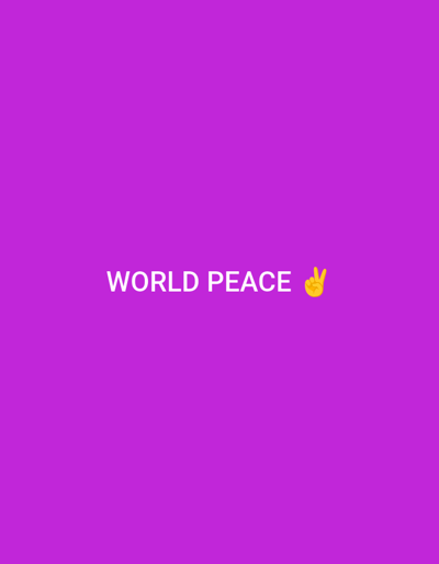 The image displays a digital graphic with a solid purple background. Centered horizontally, approximately in the middle of the frame, the words "WORLD PEACE" are rendered in white, sans-serif capital letters. To the immediate right of the text, a yellow hand emoji forms a "V" sign, signifying peace. No physical location in the city of Rumuekini, Nigeria, is depicted. The scene contains no individuals, physical objects, actions, or interactions, consisting solely of text and an emoji on a monochromatic digital canvas.
