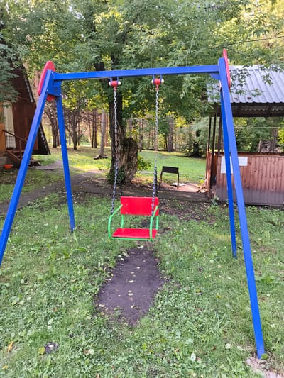 A front-facing, eye-level shot captures a child's swing set in an outdoor setting, likely in the city of Катунь, Russia. The swing set, constructed with blue metal poles, features a red seat with a green metal frame, suspended by metal chains. The ground beneath the swing is a patch of dark, damp earth with scattered fallen leaves. Surrounding the swing are areas of green grass with some weeds and patches of bare earth.

In the background, a wooden building with a dark roof and a small porch is visible on the left. To the right, a wooden structure with a corrugated metal roof and a wooden fence is present. Further in the background, a line of trees forms a dense forest. Sunlight filters through the leaves, creating dappled patterns on the ground. No people are present in the image. The overall scene depicts a somewhat unkempt, natural environment with a playground element.