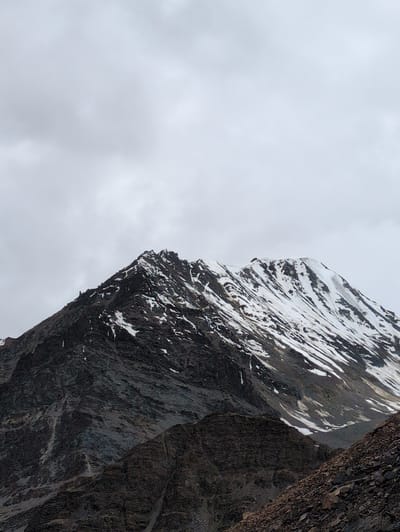 The image shows a close-up view of a snow-capped mountain peak against a cloudy sky. The mountain is dark and rocky with patches of snow and ice clinging to its slopes. The sky is overcast and a uniform grey, obscuring any potential view of the city of Killingsarai, India. The foreground of the image consists of more rocky terrain, suggesting a high-altitude, rugged environment. There are no people or man-made objects visible in the frame.