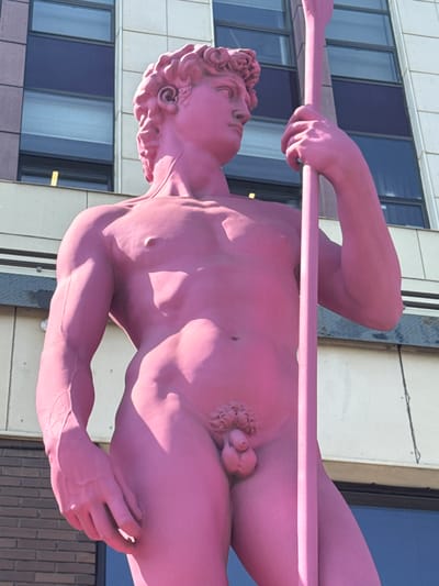 This media file features a large, pink sculpture of a male figure. The sculpture depicts a muscular man holding a pole horizontally across his body. The figure is rendered in a classical style, with detailed musculature and facial features. The sculpture appears to be made of a solid material, possibly stone or metal, and is painted a uniform pink color.
The sculpture is positioned outdoors, with a modern building featuring large windows in the background. The building's facade is light-colored, and the windows are tinted dark blue and reflect the sky. The lighting suggests it is daytime, with strong shadows cast by the sculpture, indicating bright sunlight. The overall scene conveys a sense of public art installation in an urban or semi-urban environment. There is no visible text in the image. The file does not contain any information about the specific activity or event taking place, nor does it provide any explicit emotional cues beyond the static nature of the sculpture. The location context of Zhabkino, Russia, is provided but not visually evident within the frame itself.