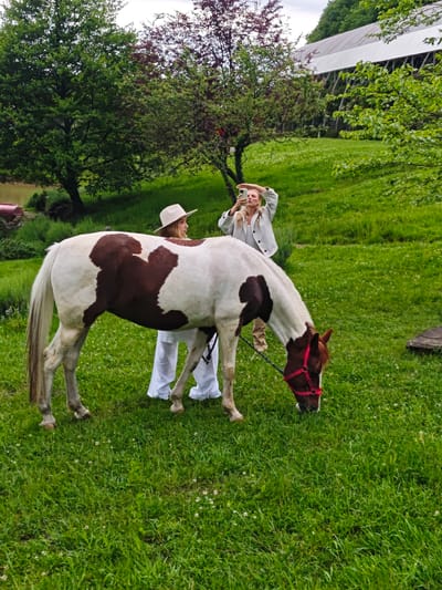 A wide shot captures a field scene in what could be Прогресс, Russia. A white and brown horse grazes in the foreground. A woman in a white hat and pants stands to the left of the horse, appearing to hold its reins. To the right, a second woman is holding up a phone, appearing to take a photograph. The field is green with small white flowers. Various trees are visible in the background, as is the edge of a white structure.