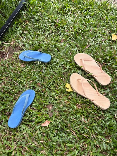 Two pairs of flip-flops are resting on a patch of grass. One pair is a light blue, and the other is a sandy beige. The blue flip-flops are positioned on the left side of the image, with one in the upper left quadrant and the other in the lower left quadrant. The beige flip-flops are on the right side, with one in the upper right and the other in the lower right. A black metal bar is visible in the upper left corner, extending down into the grass. The grass appears somewhat dry and uneven. The scene is outdoors, with no indication of human presence or specific location within Bố Trạch Commune, Vietnam.