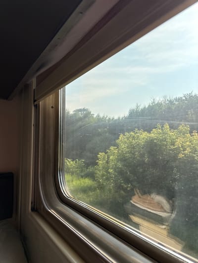The image is an interior view from a train window looking out at a landscape. The window frame is metallic and beige. Outside, lush green trees and foliage are visible under a pale blue sky with scattered clouds. Sunlight is filtering through the leaves, creating dappled light. In the foreground, inside the train car, a dark material, possibly a curtain or shade, is visible along the top left of the frame. The overall scene suggests a journey through a rural or wooded area on a clear day. There is no visible indication of the city of Sovkhoznyi, Russia.